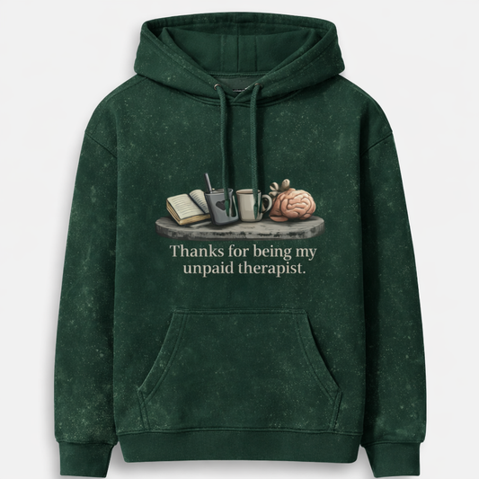 Green hoodie with a graphic design and text on a white background