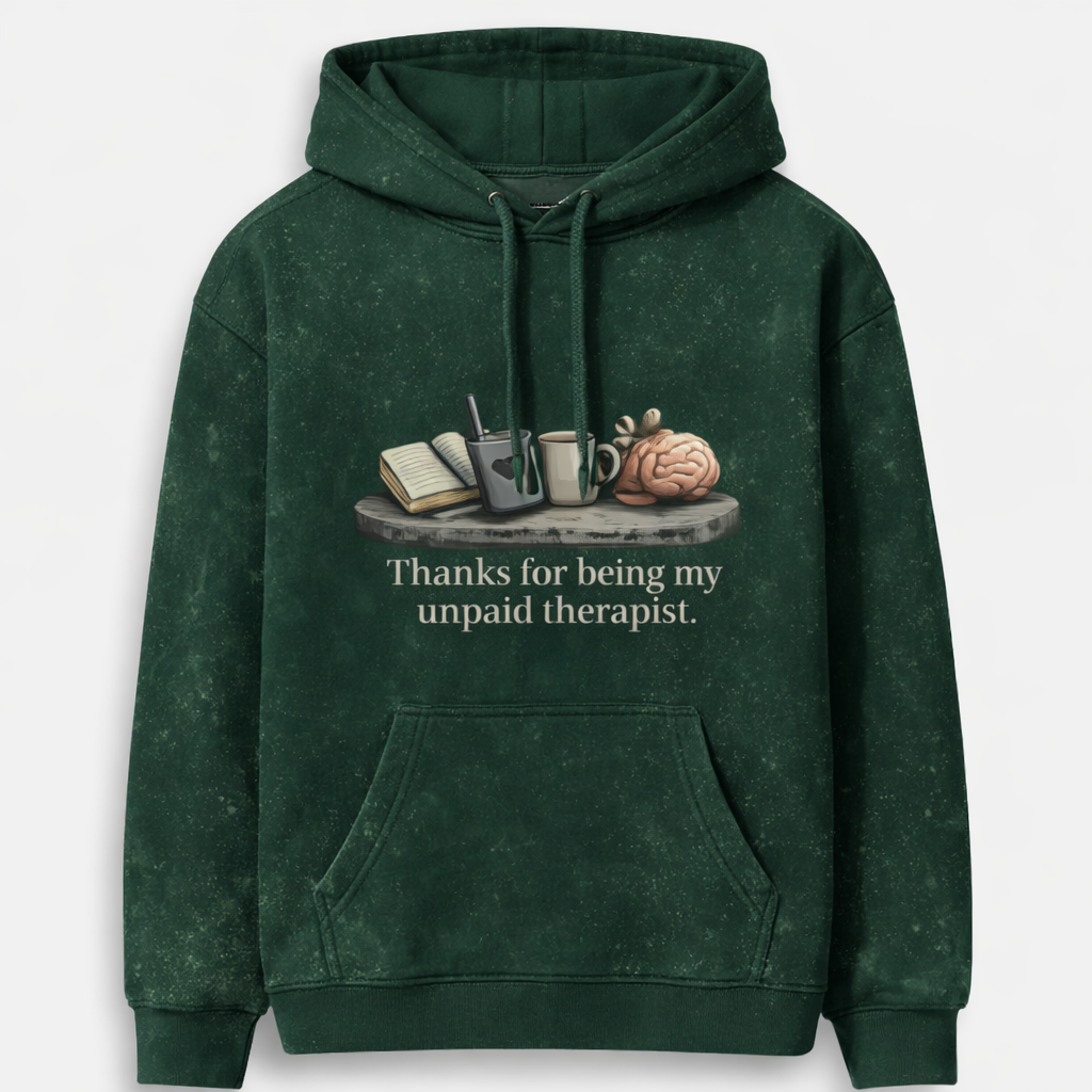 Green hoodie with a graphic design and text on a white background