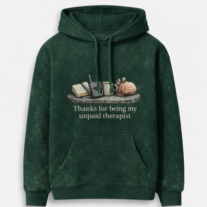 Green hoodie with a graphic design and text on a white background