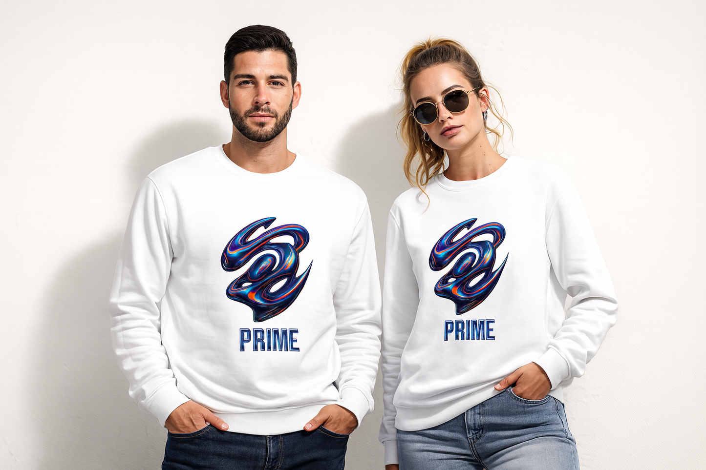 Two people wearing white sweatshirts with a logo and the word 'PRIME' on a plain background
