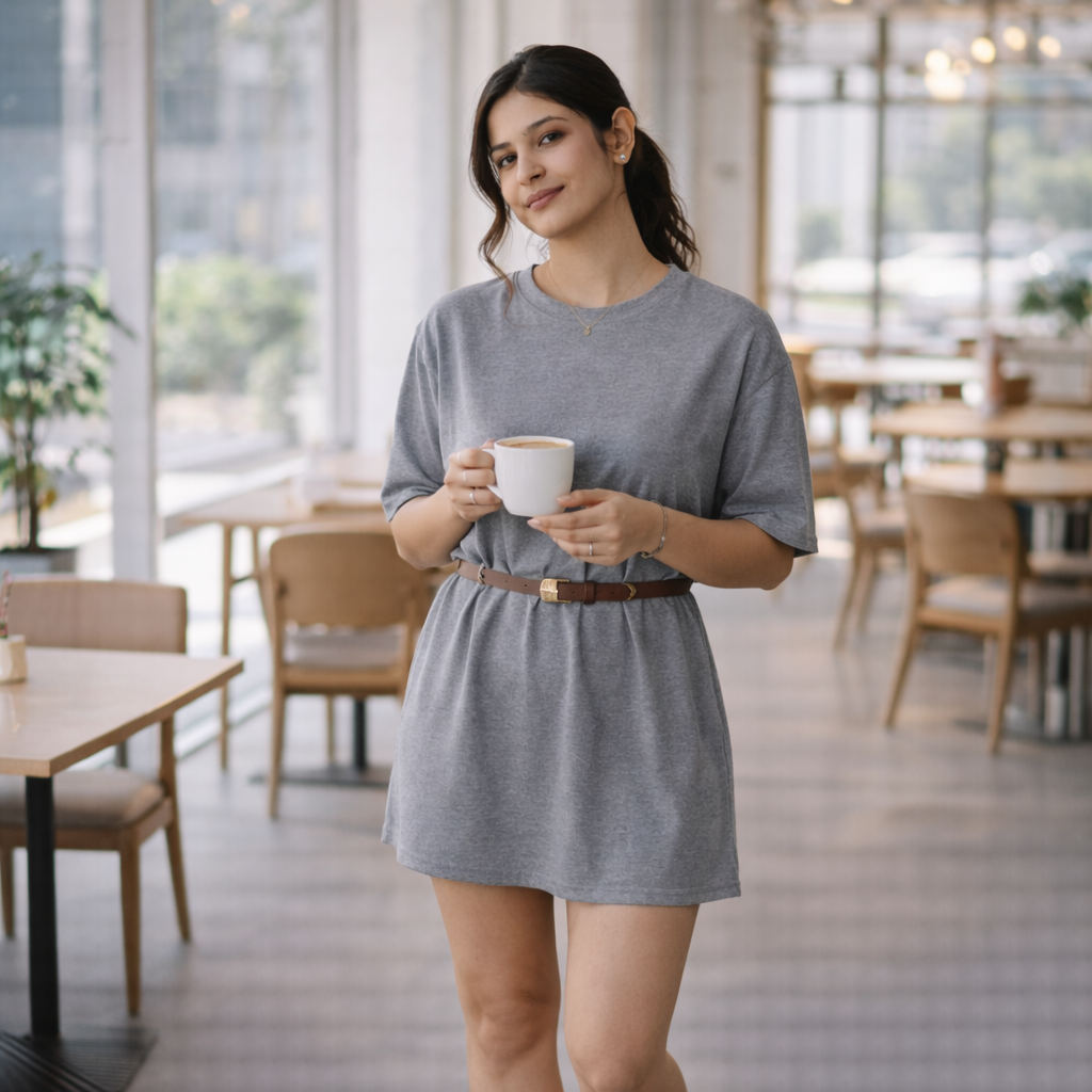 Woman in a gray dress holding a cup in a cafe