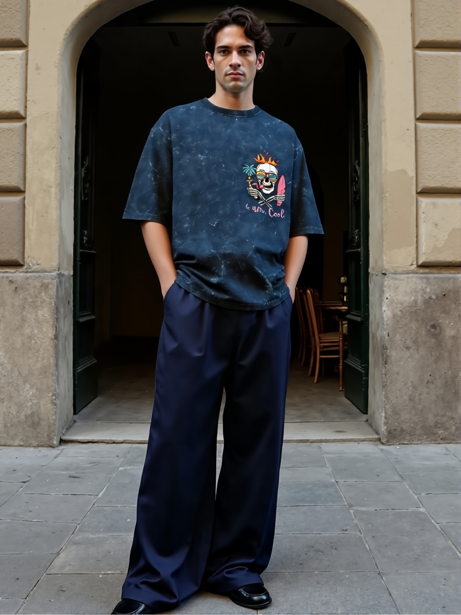 Man wearing a dark blue t-shirt with a graphic design standing in front of a building entrance.
