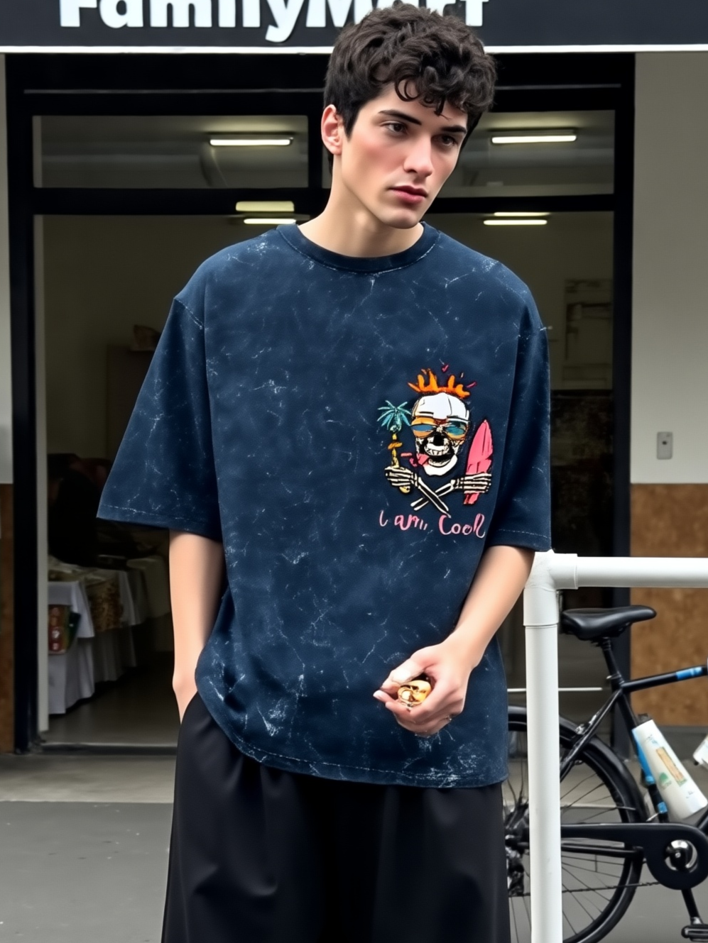 Person wearing a dark blue t-shirt with a graphic design in front of a FamilyMart store.