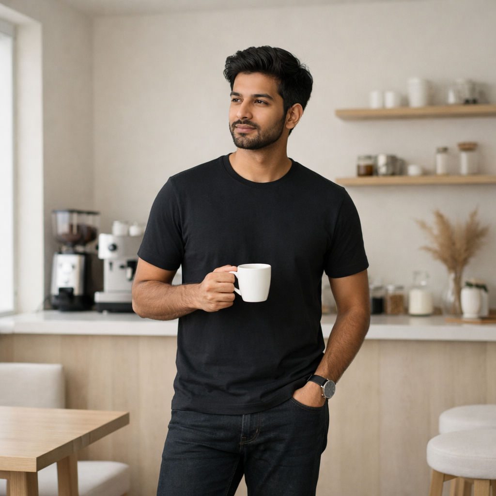 Man holding a white mug in a kitchen setting
