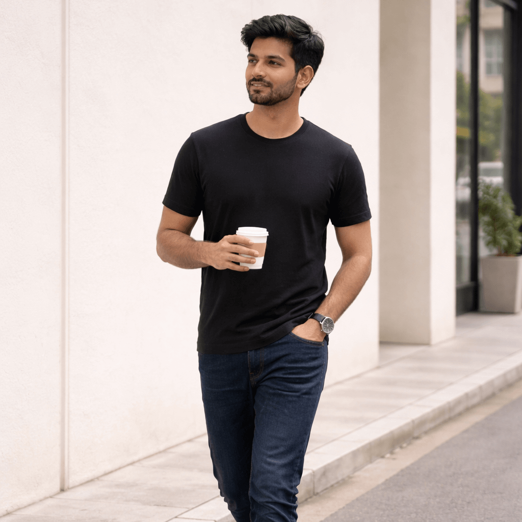 Man walking on a sidewalk holding a coffee cup, wearing a black t-shirt, blue jeans, and white sneakers.